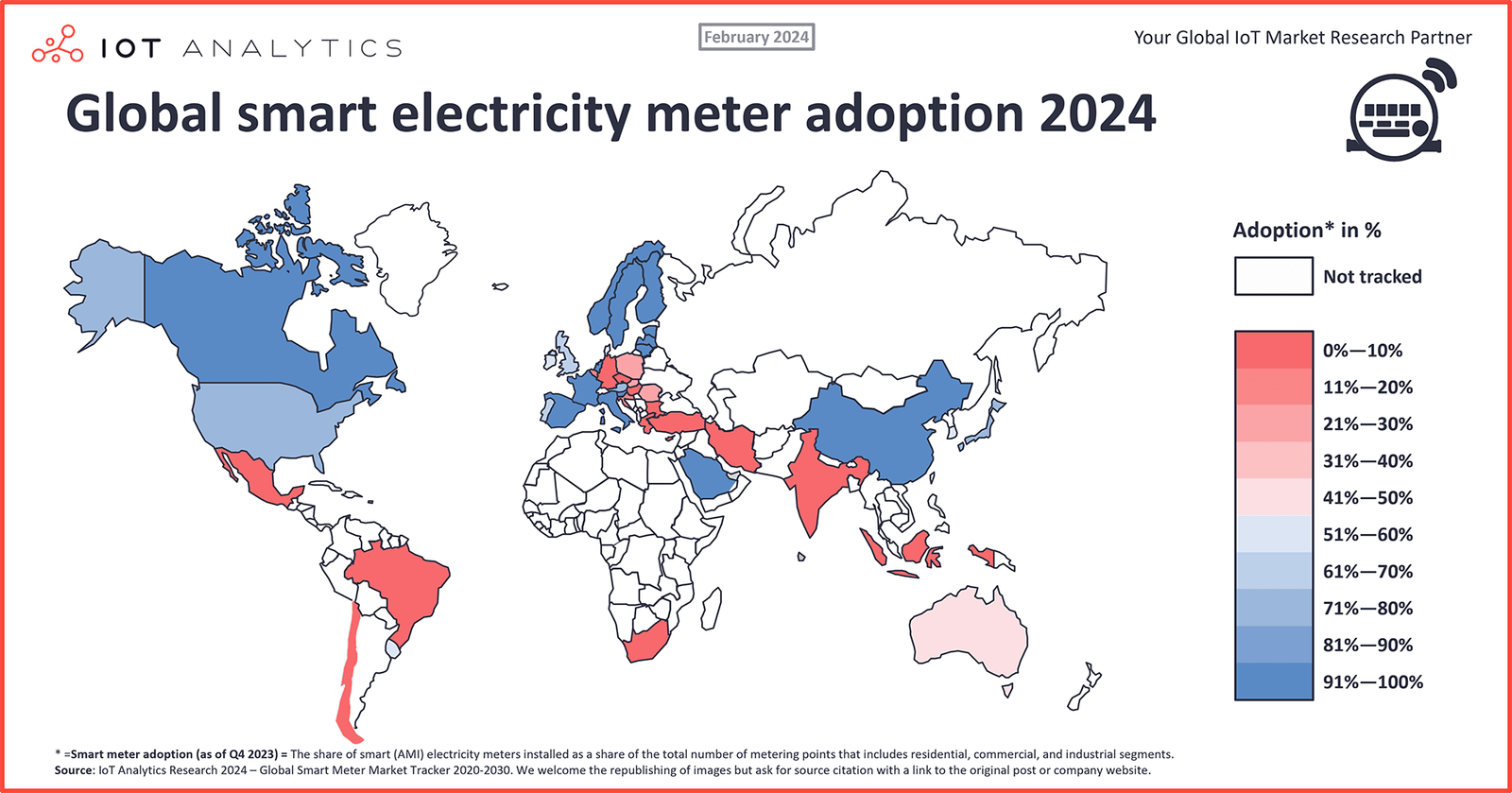 Global Smart Electricity Meter Adoption 2024. Source: IOT Analytics